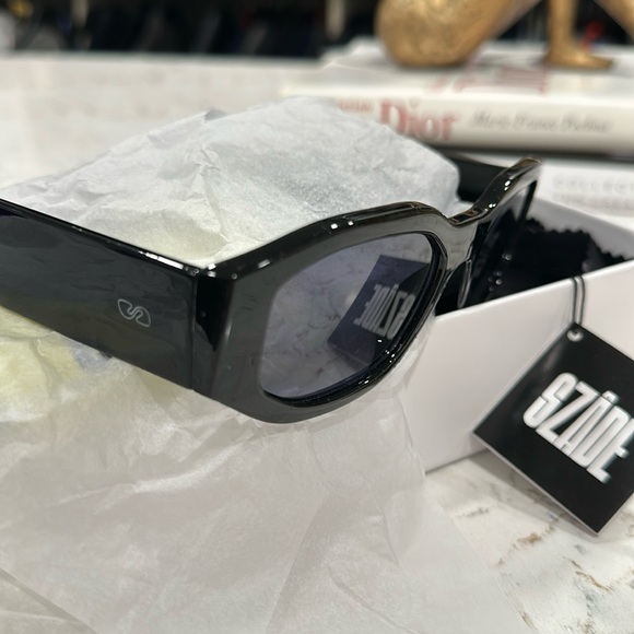 SZADE NIB East Side Black Ink Sustainable On Trend Rectangular Frame Sunglasses - Picture 8 of 8